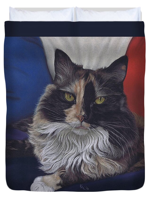 Cat Duvet Cover featuring the pastel Tricolore by Karie-ann Cooper