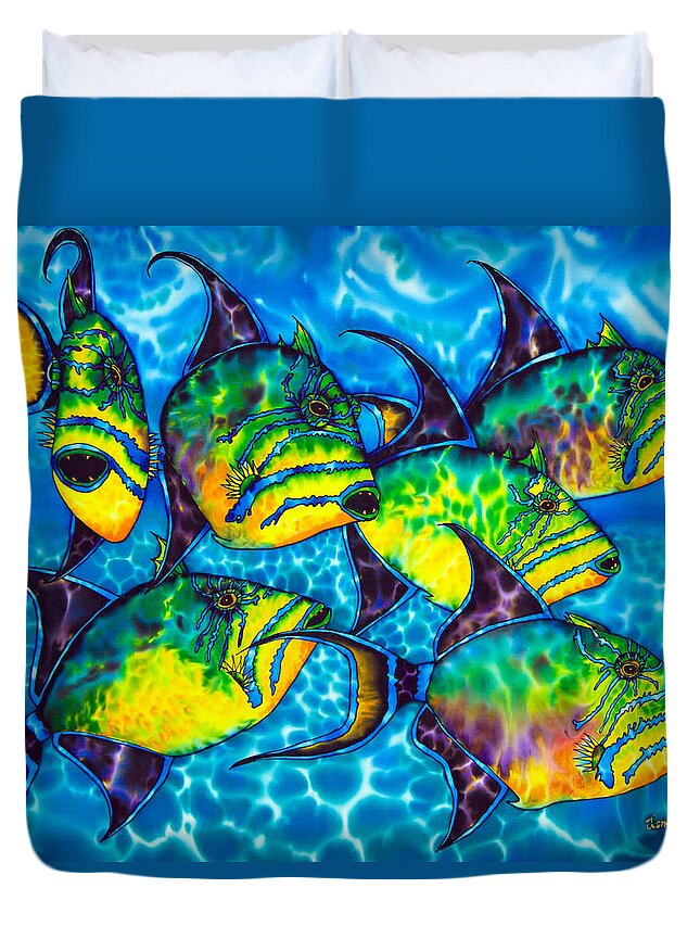 Diving Duvet Cover featuring the painting Trigger Fish - Caribbean Sea by Daniel Jean-Baptiste