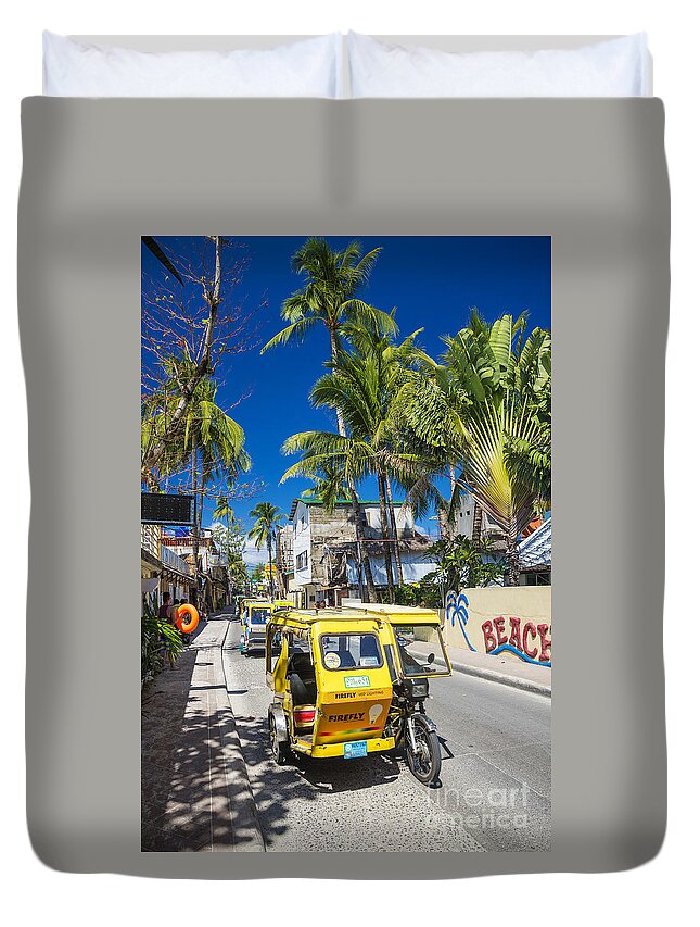 Asia Duvet Cover featuring the photograph Trike Moto Taxis On Boracay Island Main Road In Philippines by JM Travel Photography