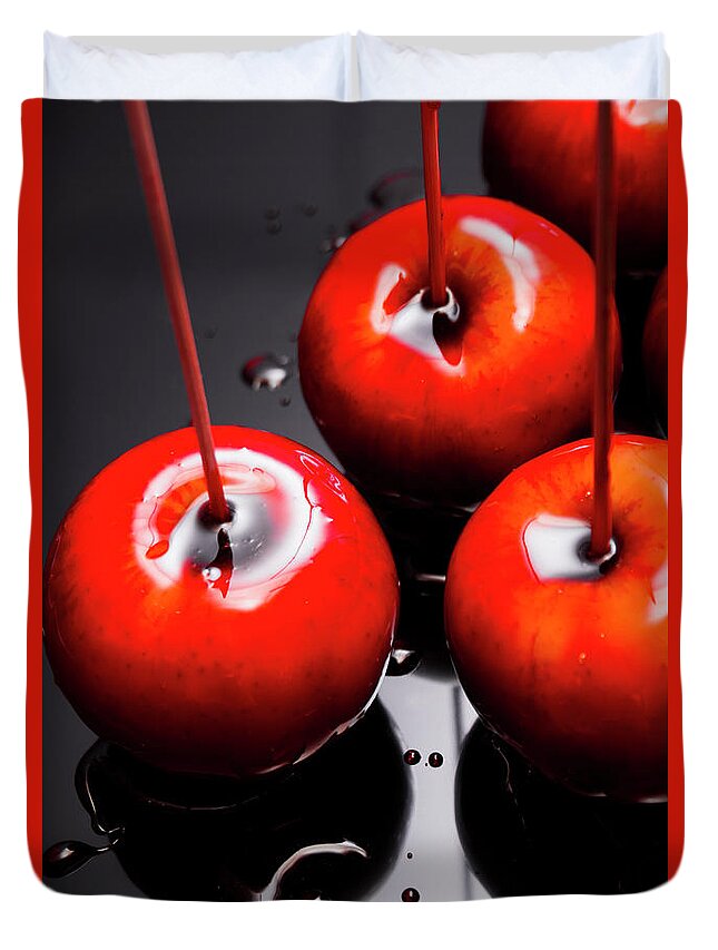Food Duvet Cover featuring the photograph Trio of bright red home made candy apples by Jorgo Photography