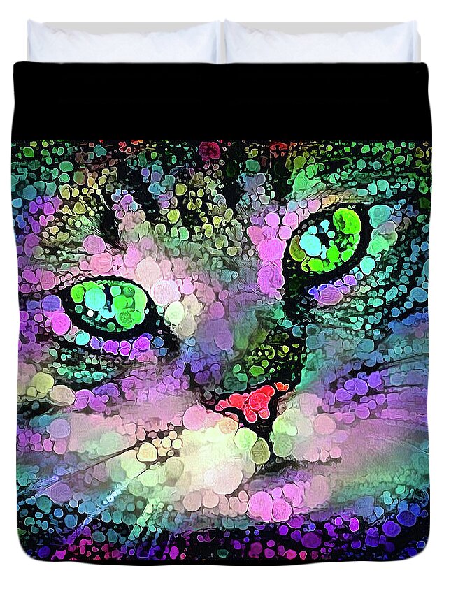 Cat Duvet Cover featuring the photograph Trippy cat with colorful dots by Matthias Hauser