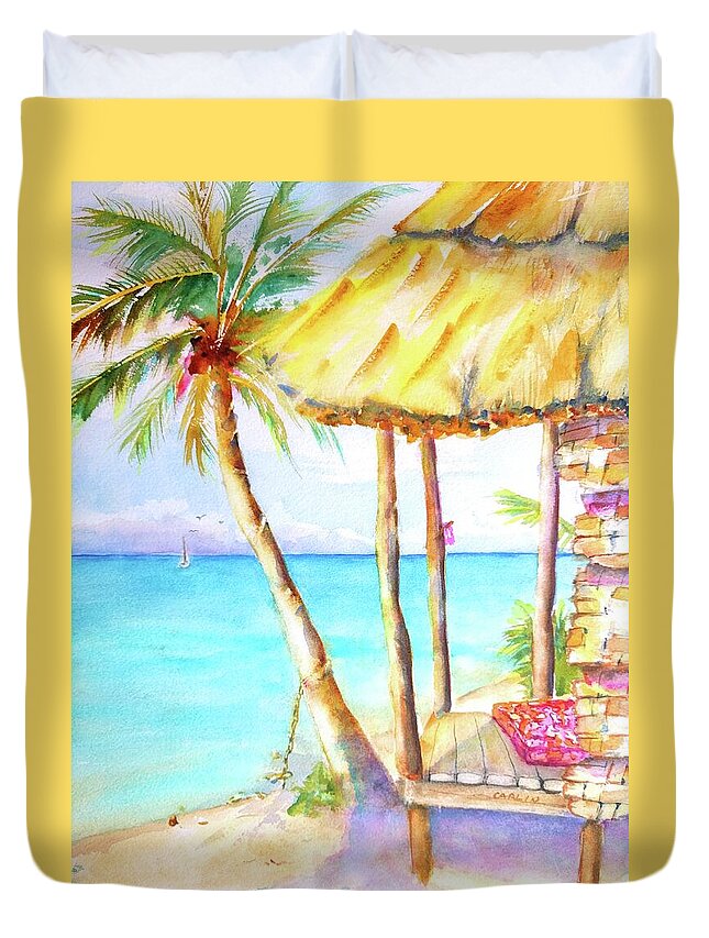 Beach Duvet Cover featuring the painting Tropical Beach Hut Watercolor by Carlin Blahnik CarlinArtWatercolor
