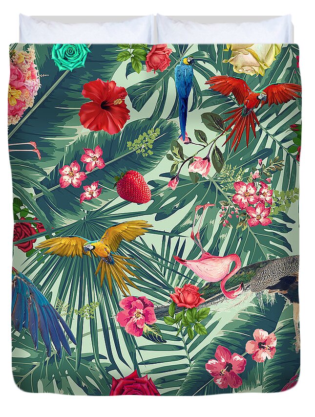 Nature Pattern Duvet Cover featuring the digital art Green Tropical Paradise by Mark Ashkenazi