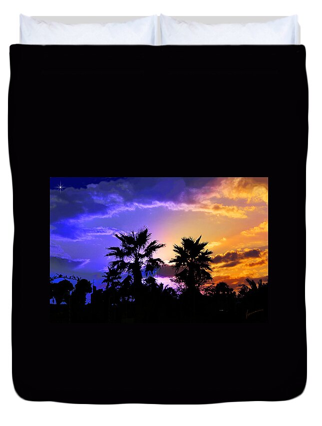 Tropic Tropical Landscape Night Sunset Twilight Evening Trees Palms Silhouette Sky Duvet Cover featuring the photograph Tropical Nightfall by Frances Miller