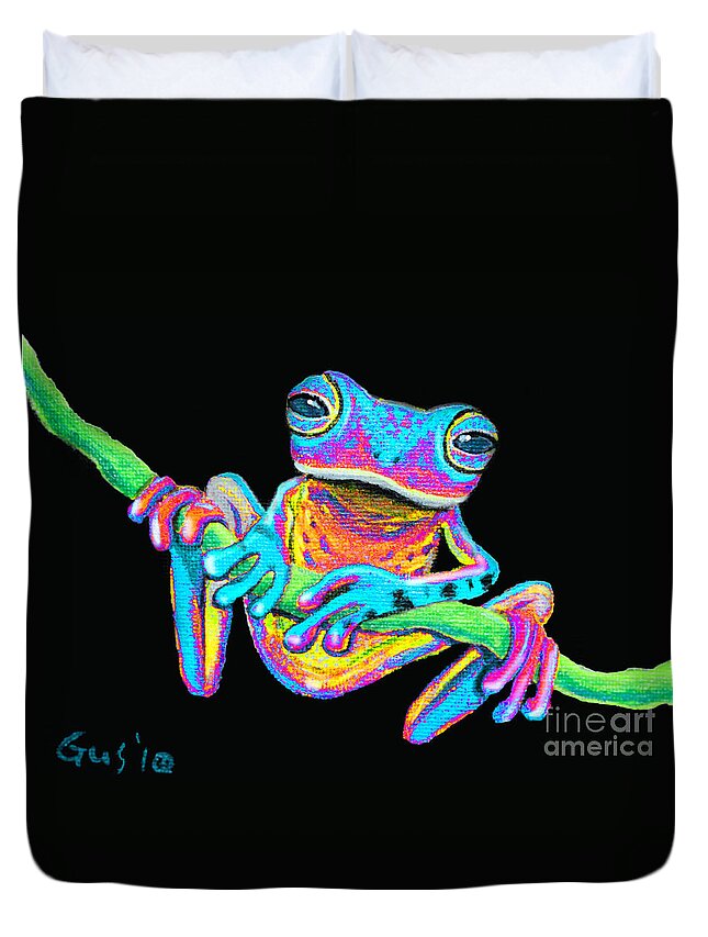 A Colorful Rainbow Frog On A Vine Duvet Cover featuring the painting Tropical Rainbow frog on a vine by Nick Gustafson
