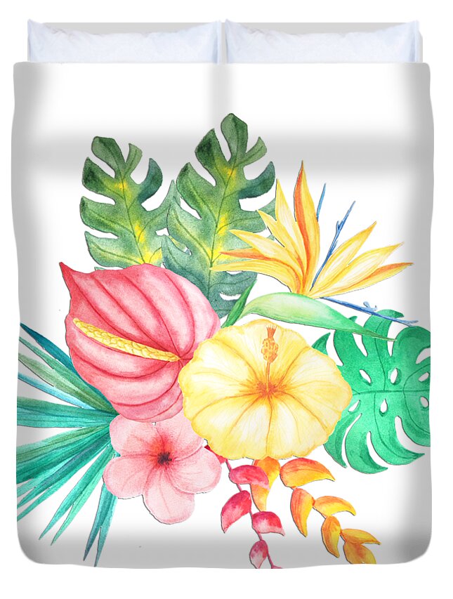 Delicate Duvet Cover featuring the painting Tropical Watercolor Bouquet 6 by Elaine Plesser