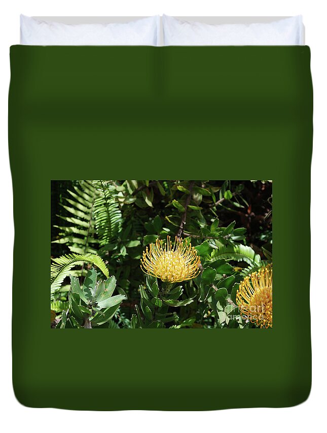 Protea Duvet Cover featuring the photograph Tropical yellow protea flower in a garden by DejaVu Designs