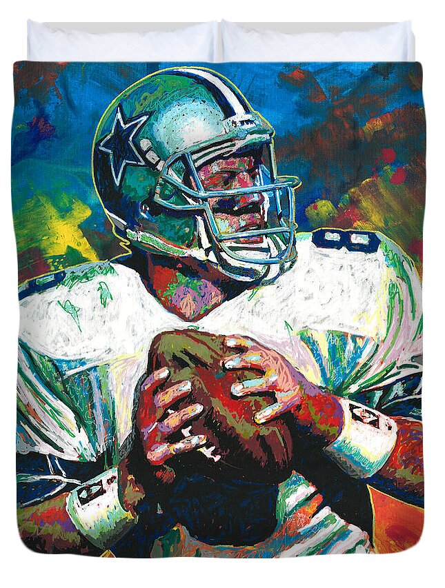Troy Aikman Duvet Cover featuring the painting Troy Aikman by Maria Arango