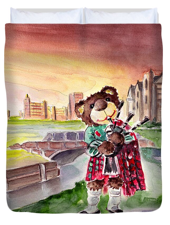 Animals Duvet Cover featuring the painting Truffle McFurry Playing The Bagpipes At St Andrews by Miki De Goodaboom