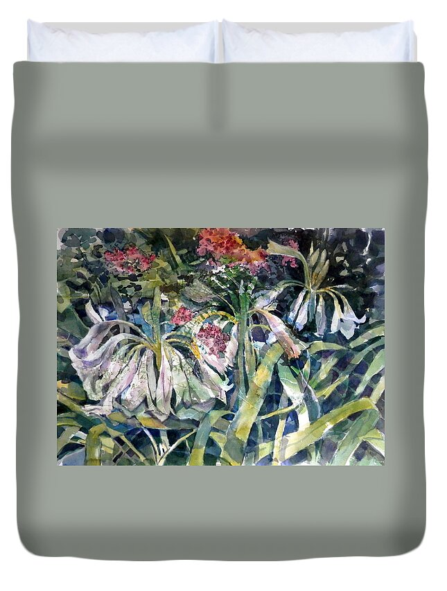 Lilies Duvet Cover featuring the painting Trumpet Lilies by Martha Tisdale