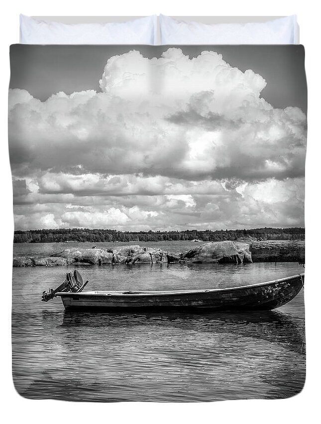 Boats Duvet Cover featuring the photograph Tucked in the Harbor in Black and White by Debra and Dave Vanderlaan