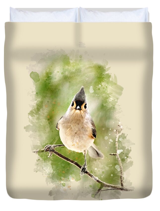 Bird Duvet Cover featuring the mixed media Tufted Titmouse - Watercolor Art by Christina Rollo