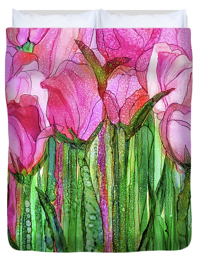 Carol Cavalaris Duvet Cover featuring the mixed media Tulip Bloomies 1 - Pink by Carol Cavalaris