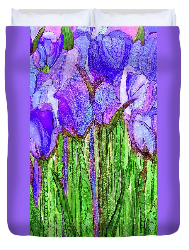 Carol Cavalaris Duvet Cover featuring the mixed media Tulip Bloomies 2 - Purple by Carol Cavalaris
