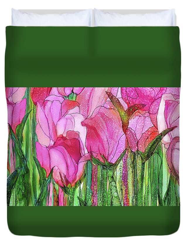 Carol Cavalaris Duvet Cover featuring the mixed media Tulip Bloomies 4 - Pink by Carol Cavalaris