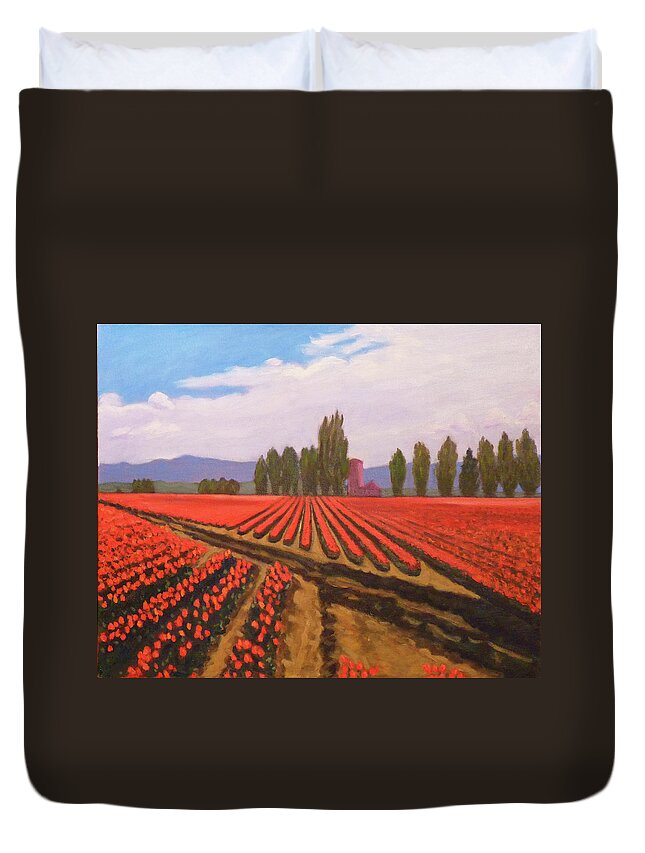 Landscape Duvet Cover featuring the painting Tulip Farm by Stan Chraminski
