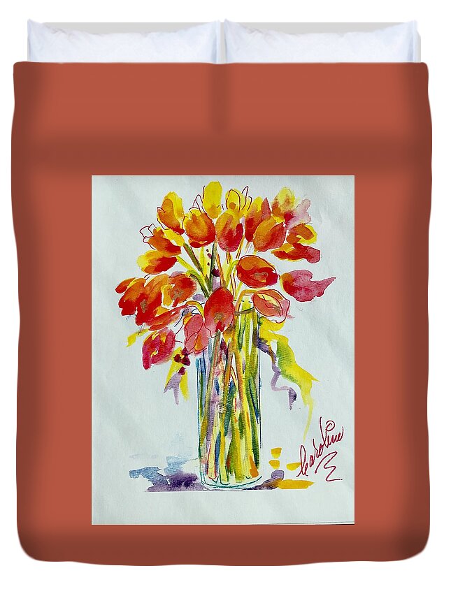 Red Tulips Duvet Cover featuring the painting Tulip Fire Element by Caroline Patrick