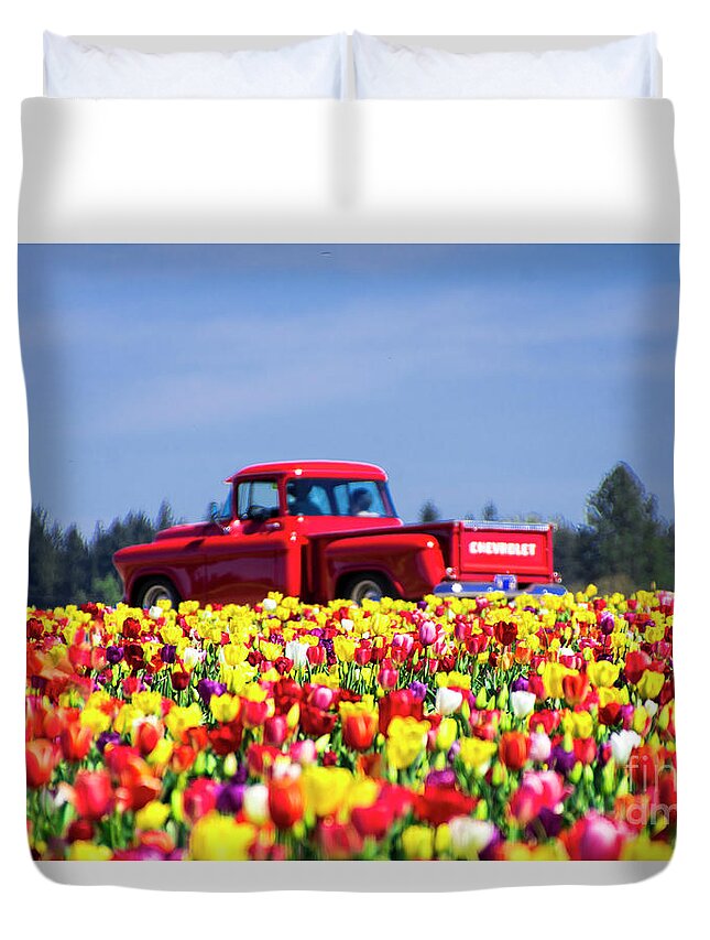 Tulips Duvet Cover featuring the photograph Tulips and Red Chevy Truck by Louise Magno