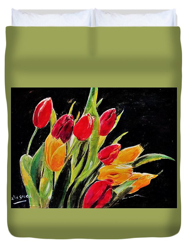 Tulip Duvet Cover featuring the painting Tulips colors by Khalid Saeed