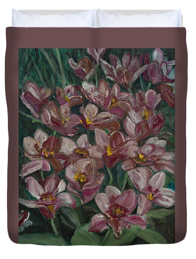 Gesso Board Duvet Cover featuring the painting Tulips from Holland by Kathy Knopp