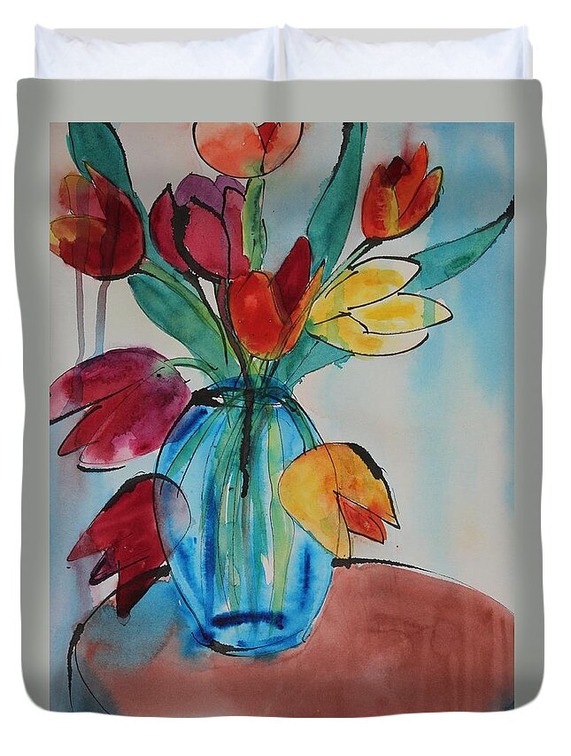 Tulips Duvet Cover featuring the painting Tulips in a Blue Glass Vase by Ruth Kamenev