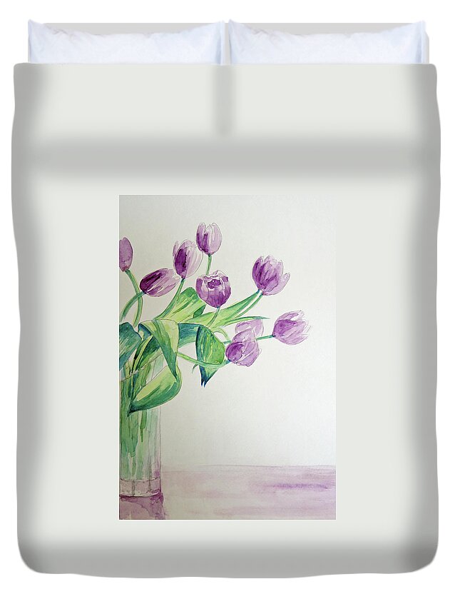 Flowers Duvet Cover featuring the painting Tulips in Purple by Julie Lueders 