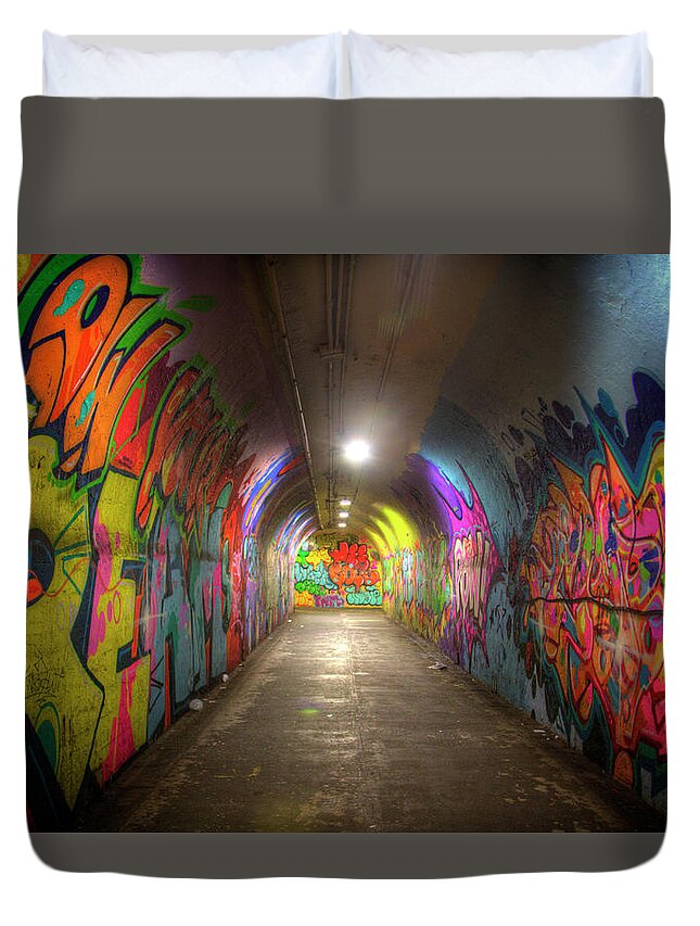 New York Duvet Cover featuring the photograph Tunnel of Graffiti by Mark Andrew Thomas