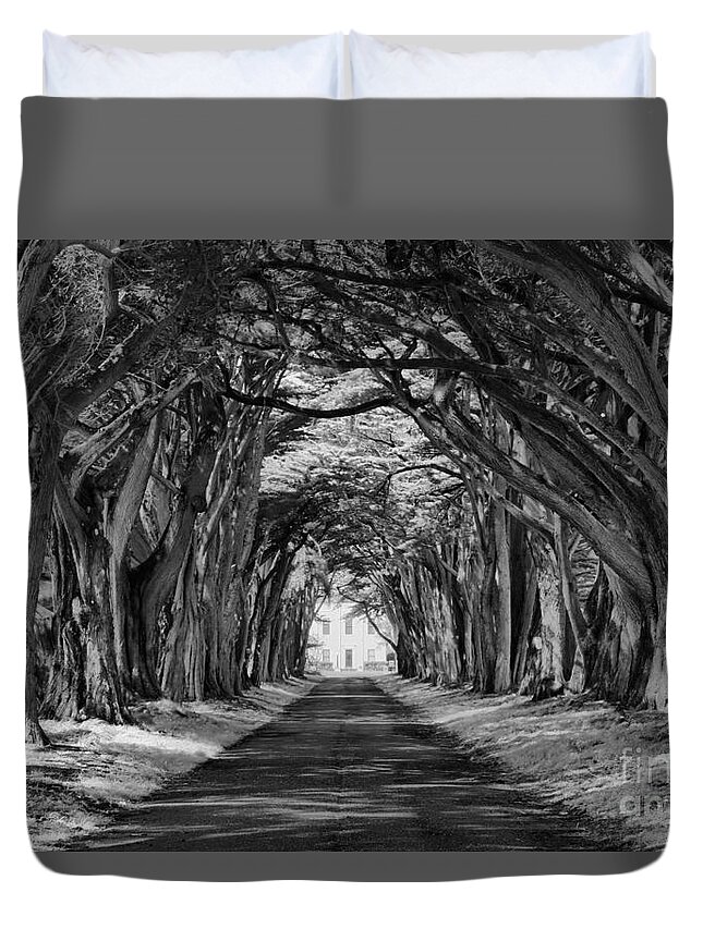 Black And White Duvet Cover featuring the photograph Tunnel To Marconi Station Black And White by Adam Jewell