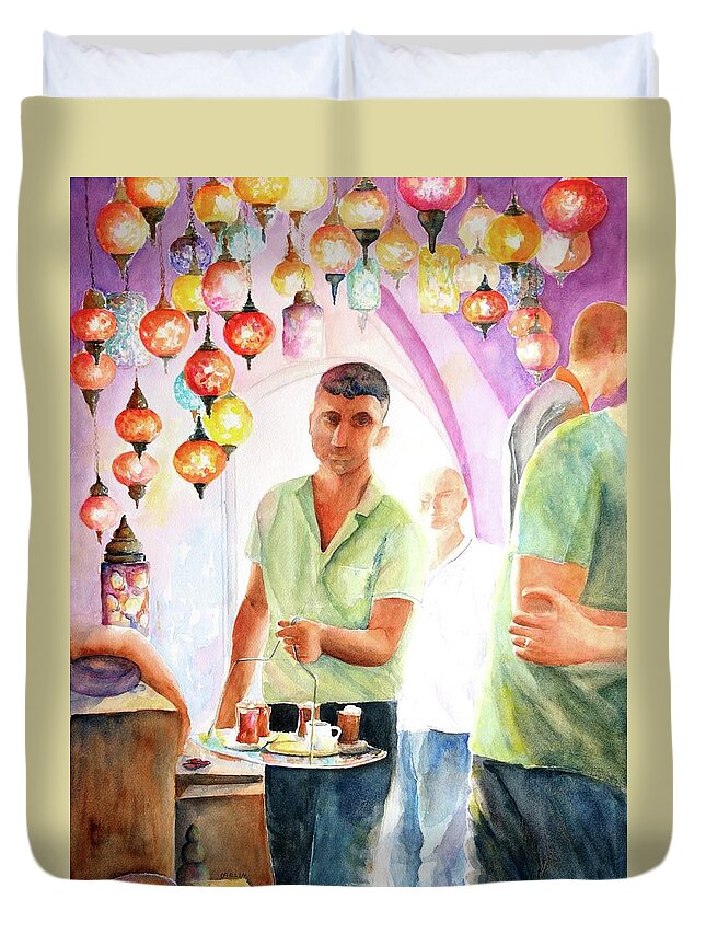 Istanbul Duvet Cover featuring the painting Turkish Tea at Istanbul Grand Bazaar by Carlin Blahnik CarlinArtWatercolor