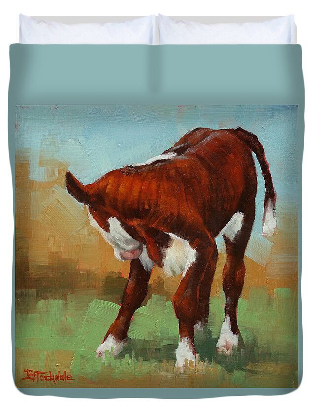 Calf Duvet Cover featuring the painting Turning Calf by Margaret Stockdale
