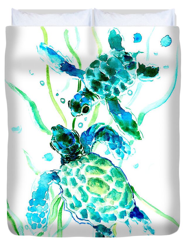 Sea Turtle Duvet Cover featuring the painting Turquoise Indigo Sea Turtles by Suren Nersisyan