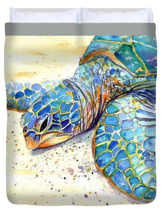 Turtle Duvet Cover featuring the painting Turtle at Poipu Beach 4 by Marionette Taboniar