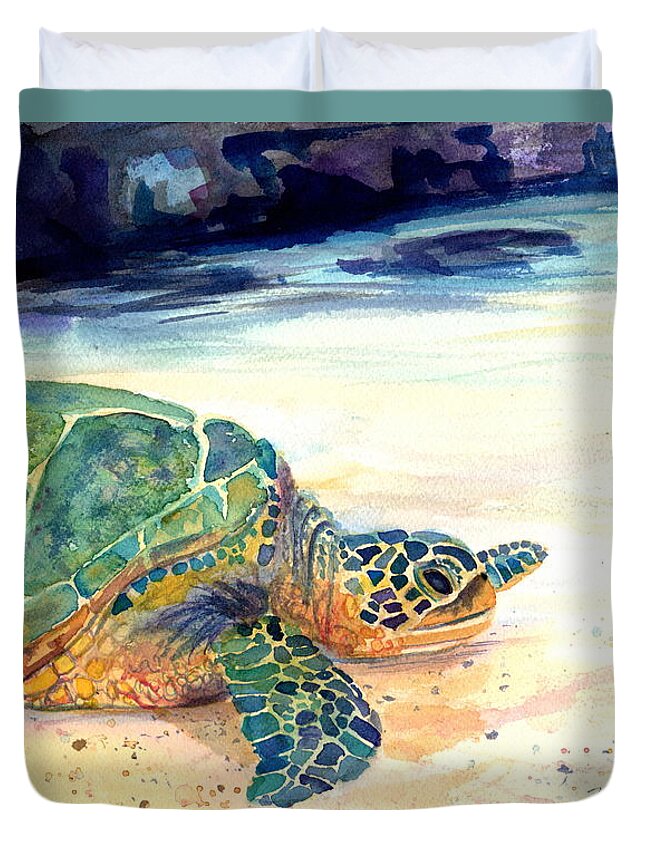 Sea Turtle Duvet Cover featuring the painting Turtle at Poipu Beach 5 by Marionette Taboniar
