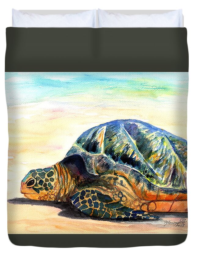 Green Sea Turtle Duvet Cover featuring the painting Turtle at Poipu Beach 8 by Marionette Taboniar