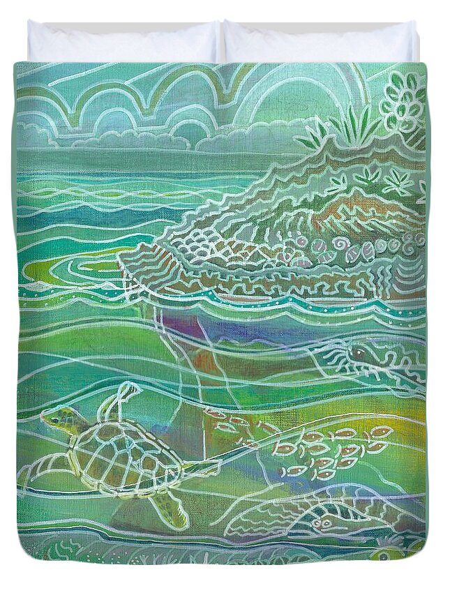 Reef Duvet Cover featuring the mixed media Turtle at the Copper Sweeper Reef by Amelia Stephenson at Ameliaworks