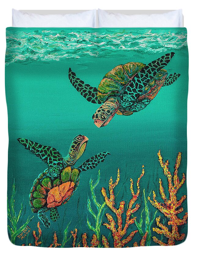 Animal Duvet Cover featuring the painting Turtle Love by Darice Machel McGuire