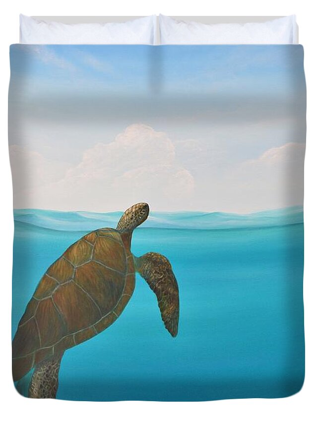 Sea Duvet Cover featuring the painting Turtle Rising by Torrence Ramsundar