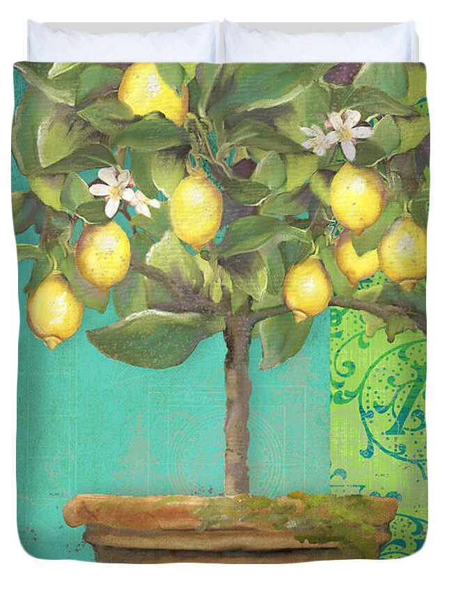 Tuscan Duvet Cover featuring the painting Tuscan Lemon Topiary - Damask Pattern 1 by Audrey Jeanne Roberts