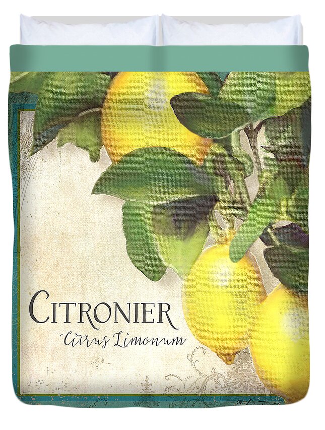 Lemon Duvet Cover featuring the painting Tuscan Lemon Tree - Citronier Citrus Limonum Vintage Style by Audrey Jeanne Roberts
