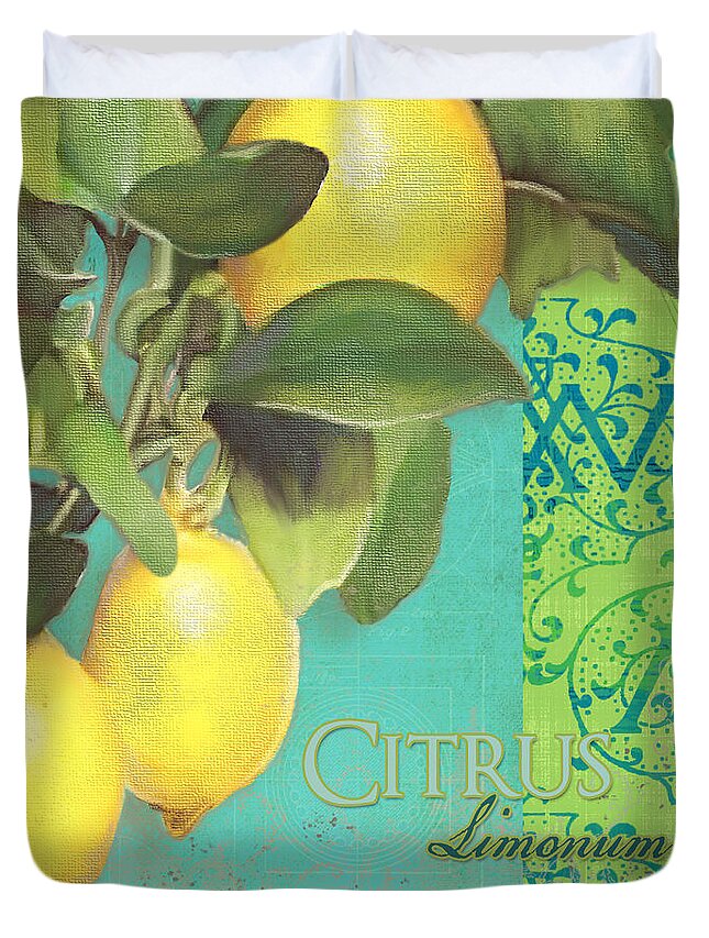 Tuscan Duvet Cover featuring the painting Tuscan Lemon Tree - Citrus Limonum Damask by Audrey Jeanne Roberts