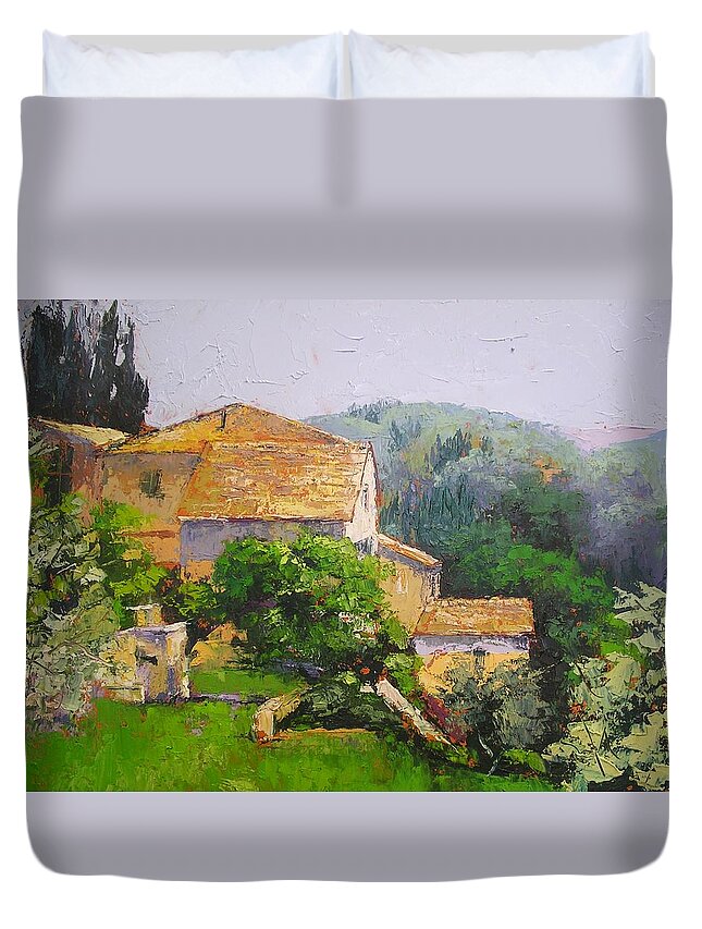 Tuscany Art Duvet Cover featuring the painting Tuscan Village by Chris Hobel