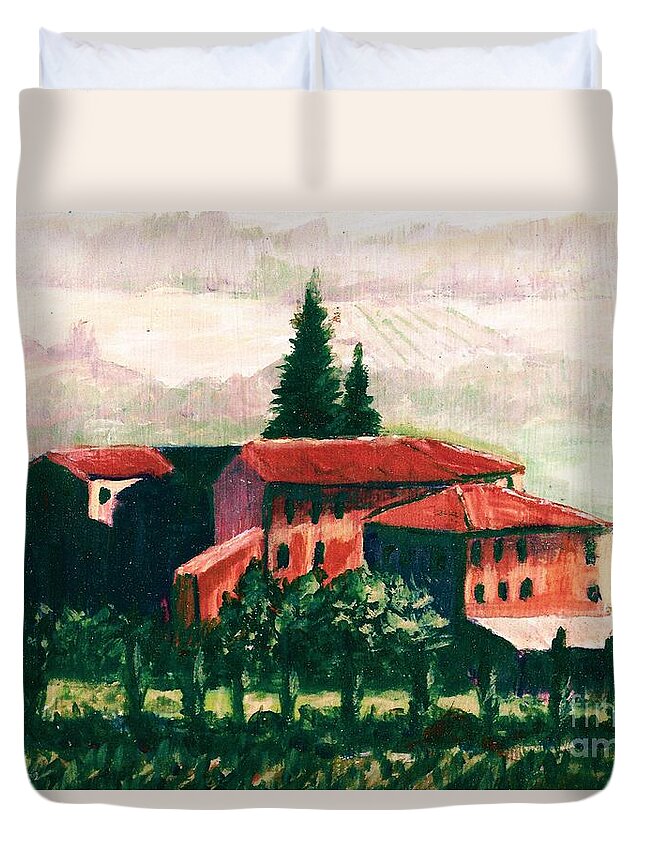 #tuscany #italy #landscape #art #artist #beautiful #colorful #fineart #iloveart #interiordesign #luxury #luxuryart #nature #natureaddict #newartwork #painting Duvet Cover featuring the painting Tuscany by Allison Constantino