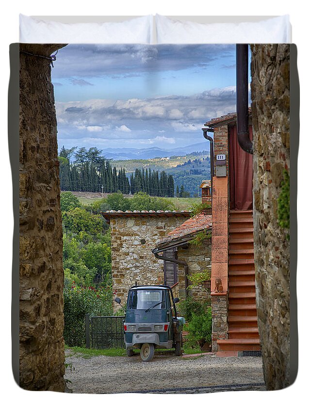 Hill Town Duvet Cover featuring the photograph Tuscany Scooter by Kathy Adams Clark