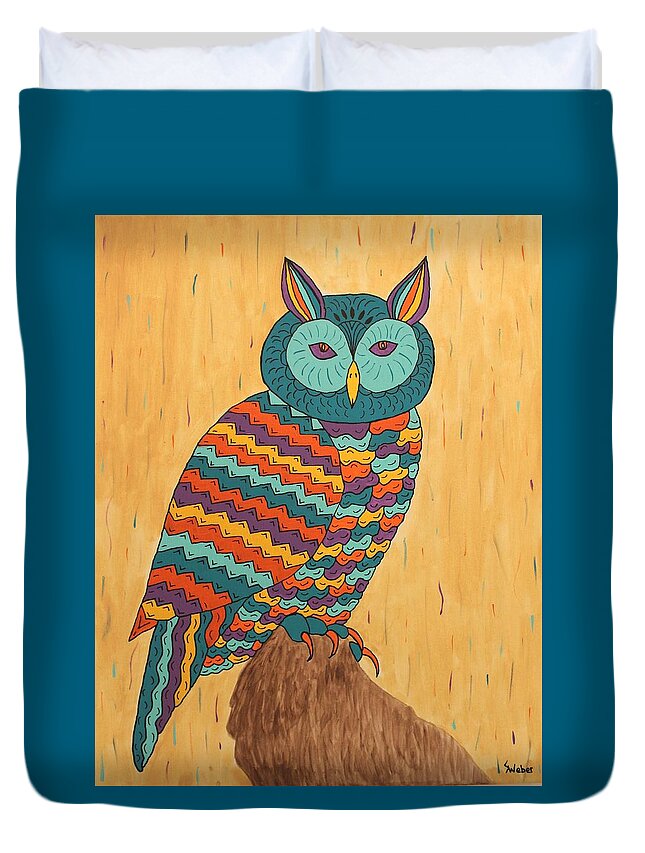 Owl Duvet Cover featuring the painting Tutie Fruitie Hootie Owl by Susie WEBER