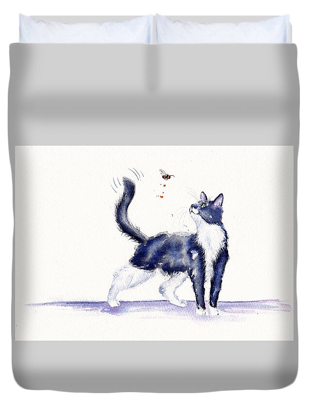 Cat Duvet Cover featuring the painting Tuxedo Cat and Bumble Bee by Debra Hall