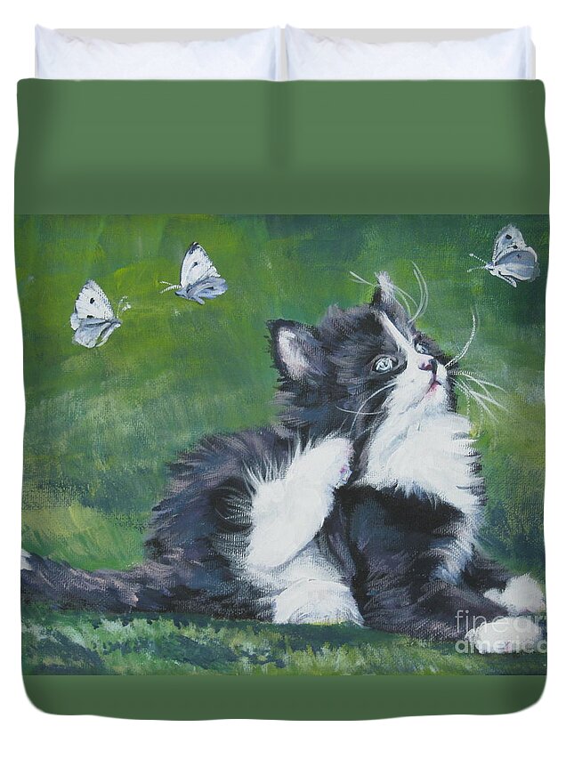 Tuxedo Duvet Cover featuring the painting Tuxedo Kitten by Lee Ann Shepard