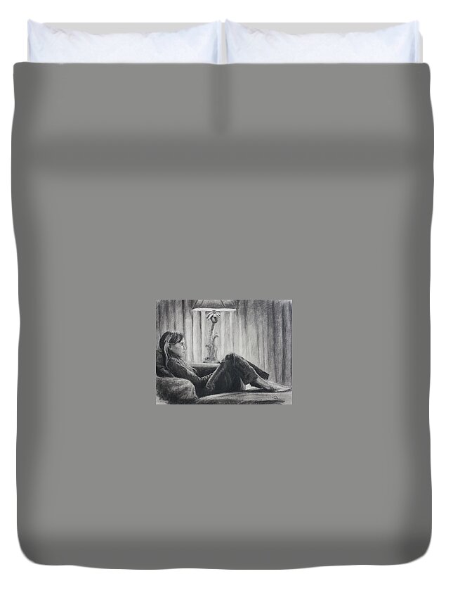 Young Girl Duvet Cover featuring the drawing TV Trance by Rachel Bochnia