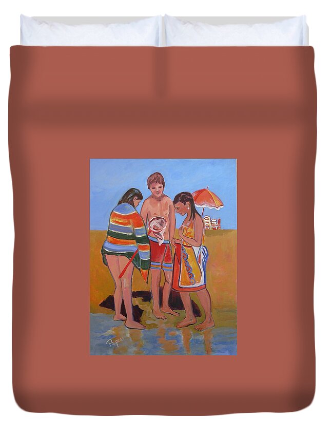 Children At The Beach Duvet Cover featuring the painting Tweens at the Beach by Betty Pieper