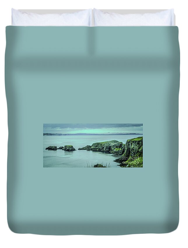 Ireland Rocks Series By Lexa Harpell Duvet Cover featuring the photograph Twilight on the Antrim Coast Norhern Ireland by Lexa Harpell
