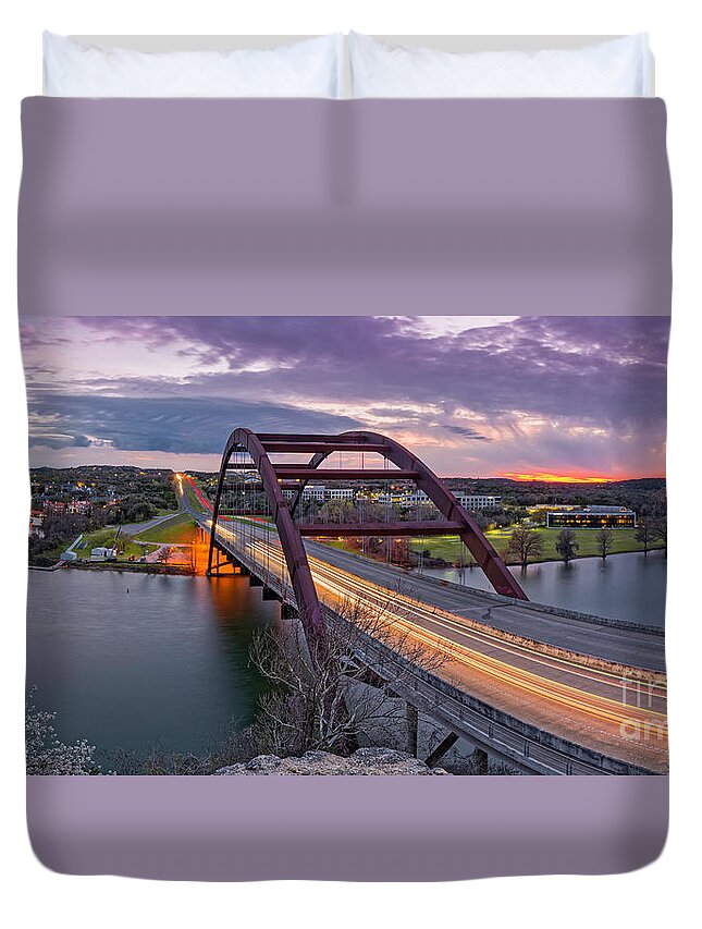 Percy Duvet Cover featuring the photograph Twilight Panorama of PennyBacker Bridge 360 over Lake Austin - Texas Hill Country by Silvio Ligutti